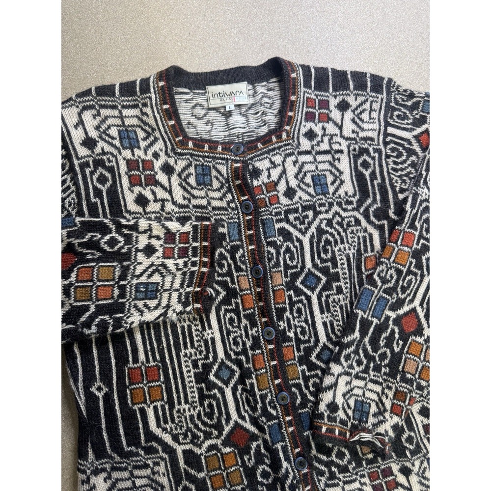 Intiwara Alpaca Cardigan Sweater Womens Large Knit Button Up‎ Geometric Bolivia